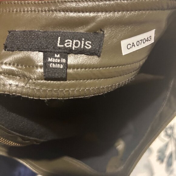 Lapis Military Green Vegan Leather Mini Skirt Sz M A Line Faux High Waisted Punk - Picture 4 of 5